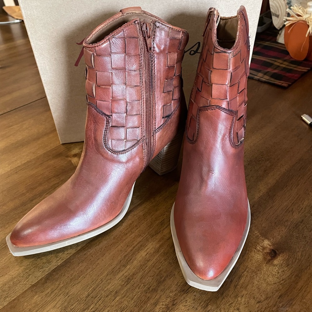Matisse Woven Leather Ankle Boots - Rich Brown